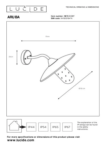 Lucide ARUBA - Wandleuchte Innen/Außen - 1xE27 - IP44 - Rostfarbe - TECHNISCH